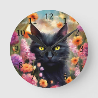 Black Cat Flowers Garden Cat 736 Rund Klocka