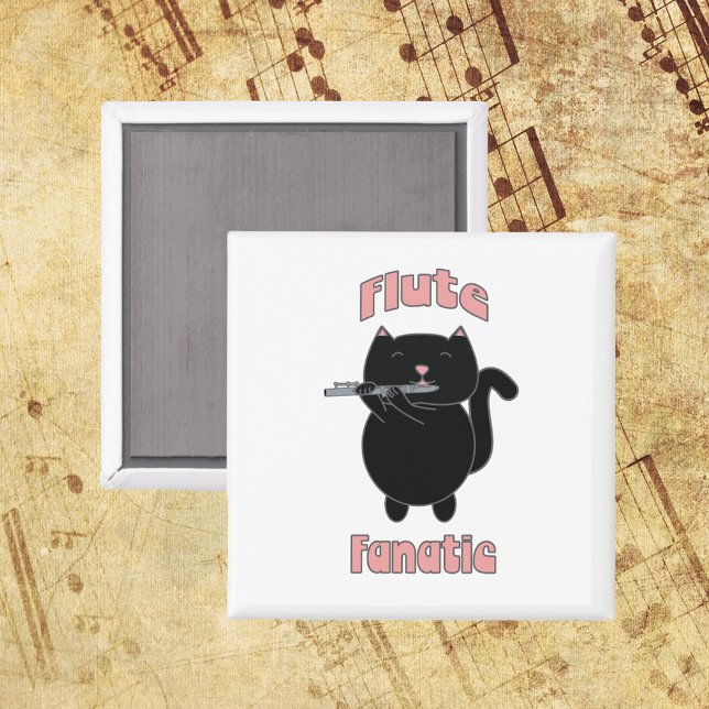 Black Cat, Flute Fanatic Instrument Magnet (A magnet with a black cat playing the flute and the words Flute Fanatic in pink.)