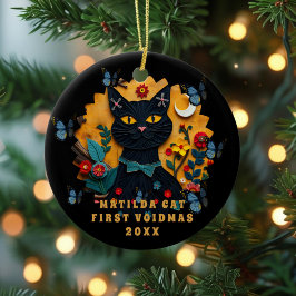 Black Cat Folk Art First Voidmas Ceramic Ornament