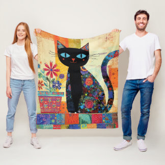 Black Cat Folk Art Fleecefilt