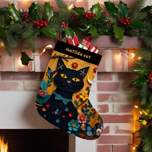 Black Cat Folk Art Pet-julklapp Liten Julstrumpa (For your black cat that loves paper crafts. Just add their name)