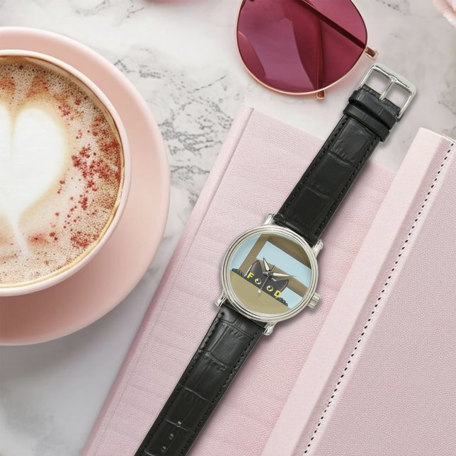 Black Cat Food Funny Hungry Kitty Humor Armbandsur (Skapare uppladdad)