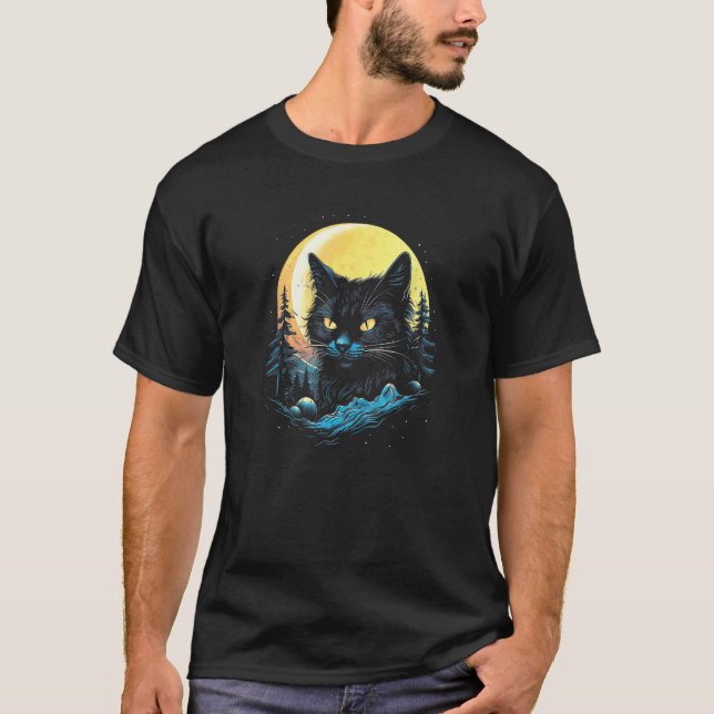 Black Cat Forest Moon Mystical Black Cat T Shirt (Framsida)