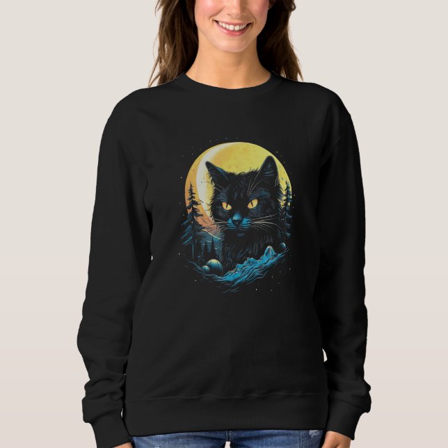 Black Cat Forest Moon Mystical Black Cat T Shirt (Framsida)
