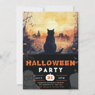 Black Cat Full Moon Autumn Black Halloween Inbjudningar