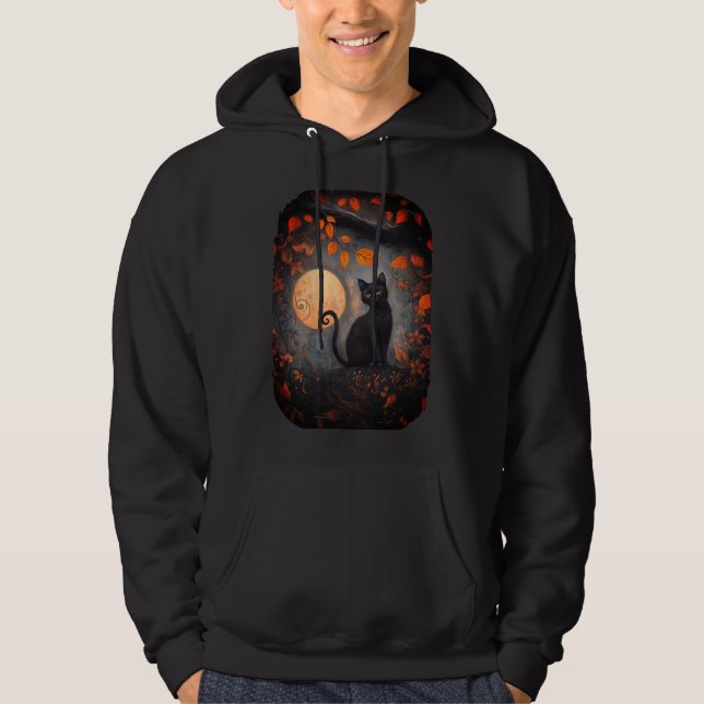 Black Cat Full Moon Fall Autumn Halloween Hoodie (Framsida)