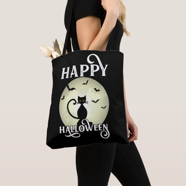 Black Cat Full Moon Fladdermöss Happy halloween Tygkasse (Närbild)