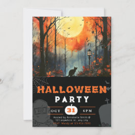 Black Cat Full Moon Forest Black Halloween Inbjudningar