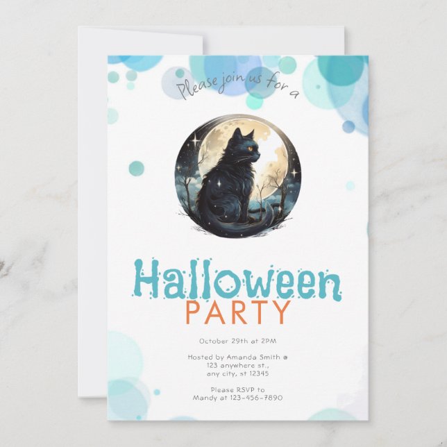 Black Cat Full Moon Stars Cute Halloween fest Inbjudningar (Framsida)