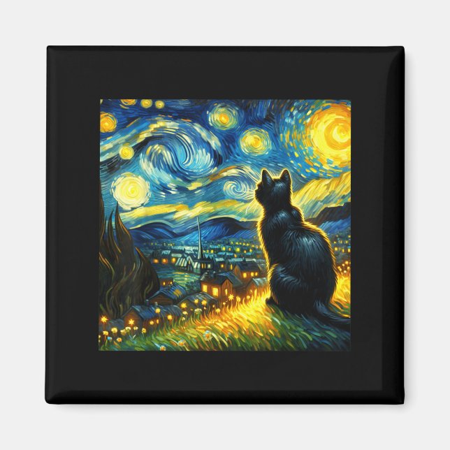 Black Cat Funny Cat Lover Mom Daddy Starry Night V Magnet (Framsidan)