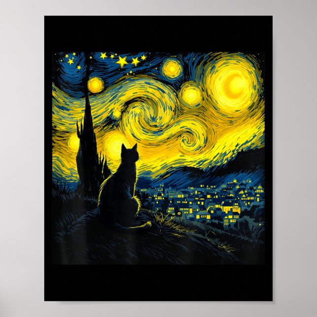 Black Cat Funny Cat Lover Mom Daddy Starry Night V Poster (Framsidan)
