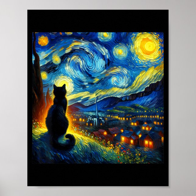 Black Cat Funny Cat Lover Mom Daddy Starry Night V Poster (Framsidan)