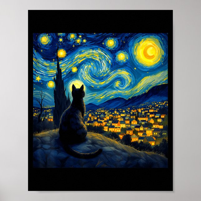 Black Cat Funny Cat Lover Mom Daddy Starry Night V Poster (Framsidan)