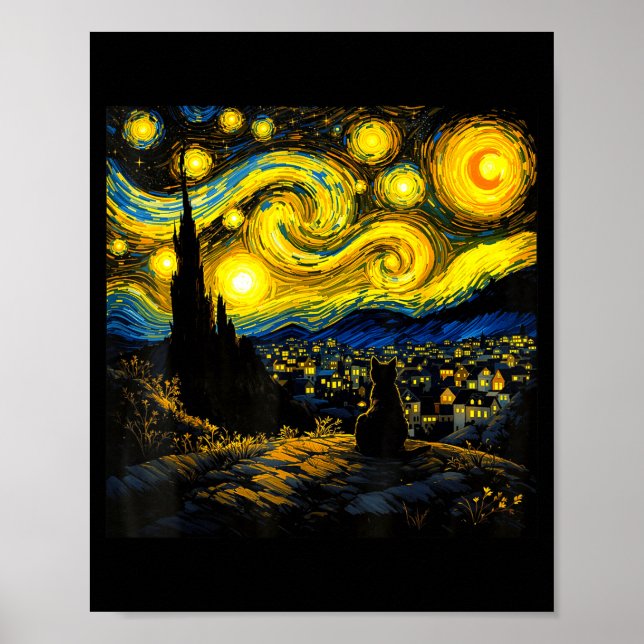 Black Cat Funny Cat Lover Mom Daddy Starry Night V Poster (Framsidan)