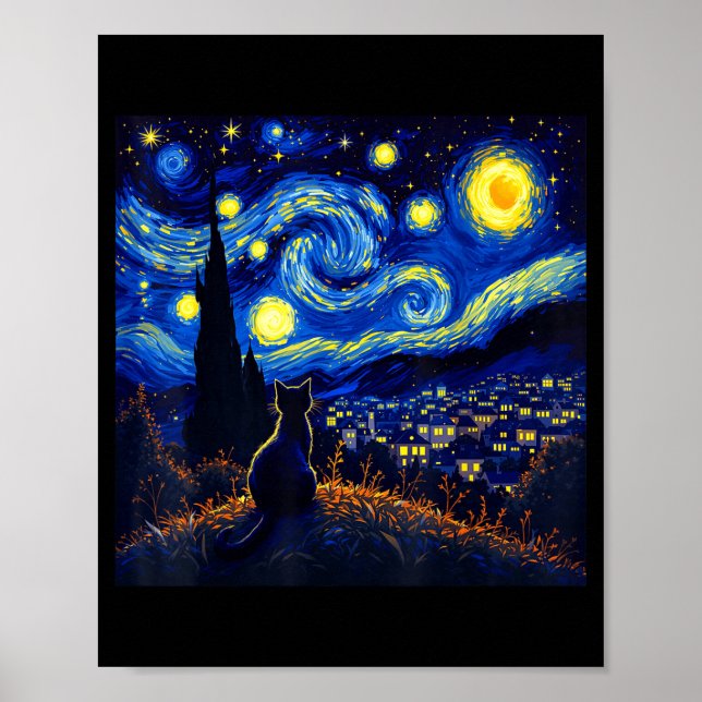 Black Cat Funny Cat Lover Mom Daddy Starry Night V Poster (Framsidan)