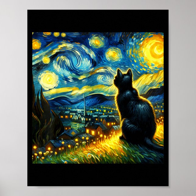 Black Cat Funny Cat Lover Mom Daddy Starry Night V Poster (Framsidan)