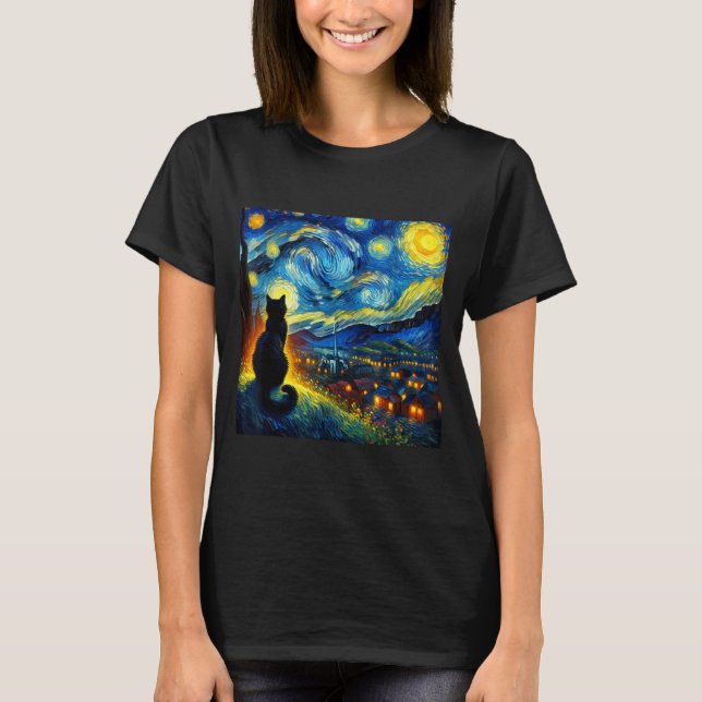 Black Cat Funny Cat Lover Mom Daddy Starry Night V T Shirt (Framsida)
