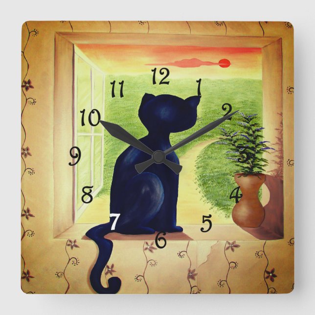 Black Cat Fyrkantig Klocka (Framsida)