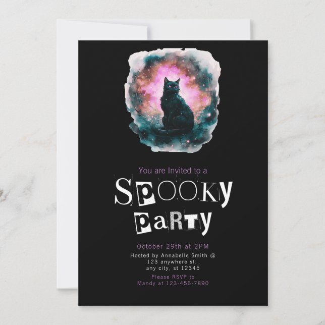 Black Cat Galaxy Modern Minimalist Halloween Inbjudningar (Framsida)
