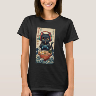 Black Cat Gamer Eating Ramen Japanese Kawaii Anime T Shirt