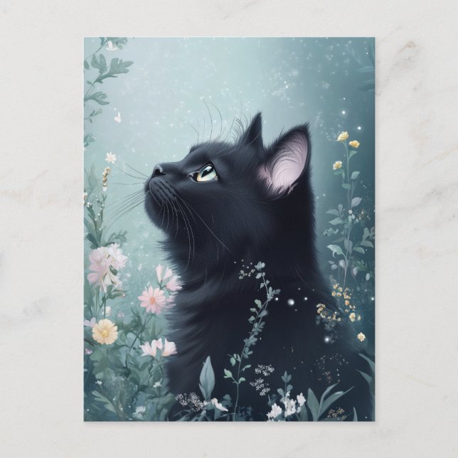 Black Cat Gazing Upward in Magical Flower Garden Vykort (Framsida)