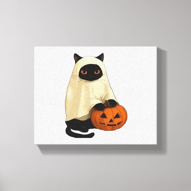 Black Cat Ghost med Pumpkin Essential T-Shirt Canvastryck (Framsida)