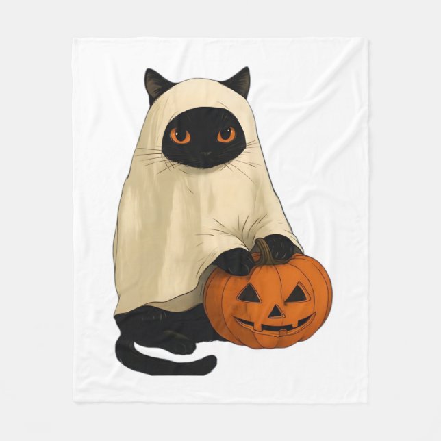 Black Cat Ghost med Pumpkin Essential T-Shirt Fleecefilt (Framsidan)