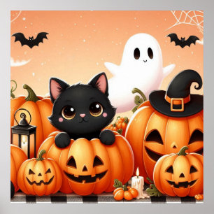 Black Cat, Ghost och Jack-O-Lanternor Poster