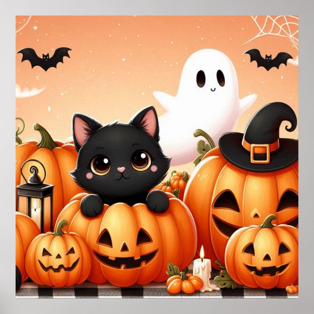 Black Cat, Ghost och Jack-O-Lanternor Poster (Framsidan)