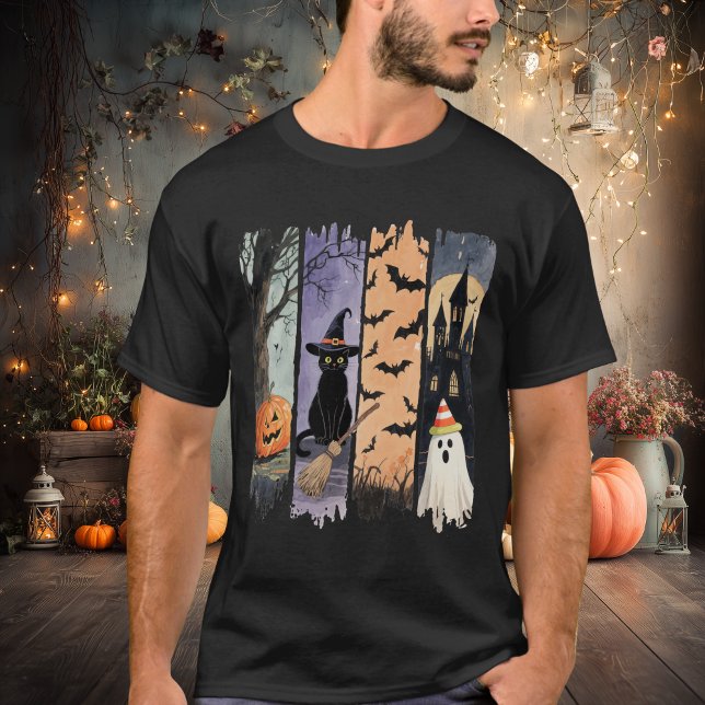 Black Cat, Ghost, Pumpkin, Bats & Haunted House T Shirt (Skapare uppladdad)