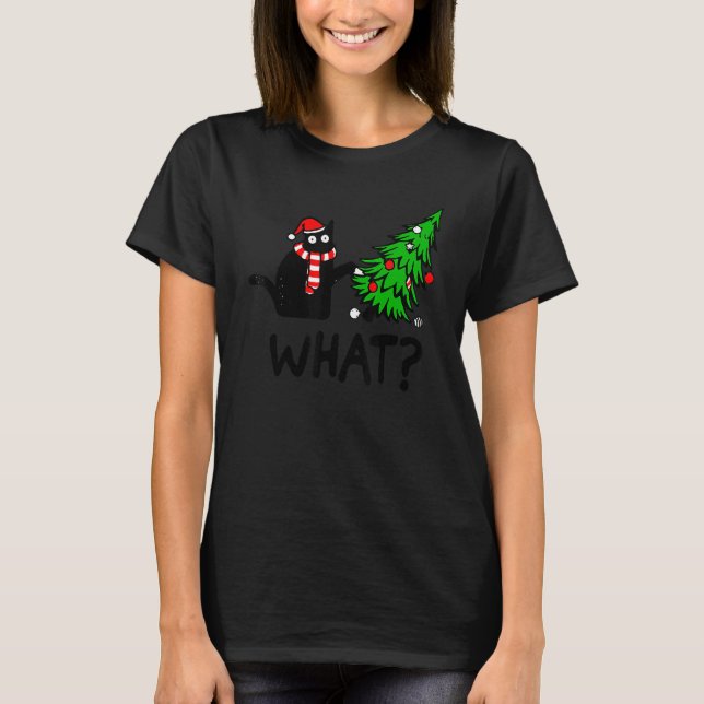 Black Cat Gift Pushing Christmas Tree Over Cat Wha T Shirt (Framsida)