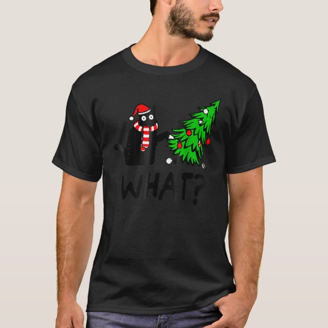 Black Cat Gift Pushing Christmas Tree Over Cat Wha T Shirt (Framsida)