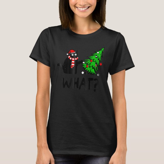 Black Cat Gift Pushing Christmas Tree Over Cat Wha T Shirt (Framsida)