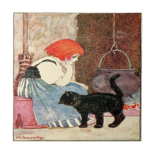 Black Cat Girl med Red Hair Sowerby Kakelplatta (Framsidan)
