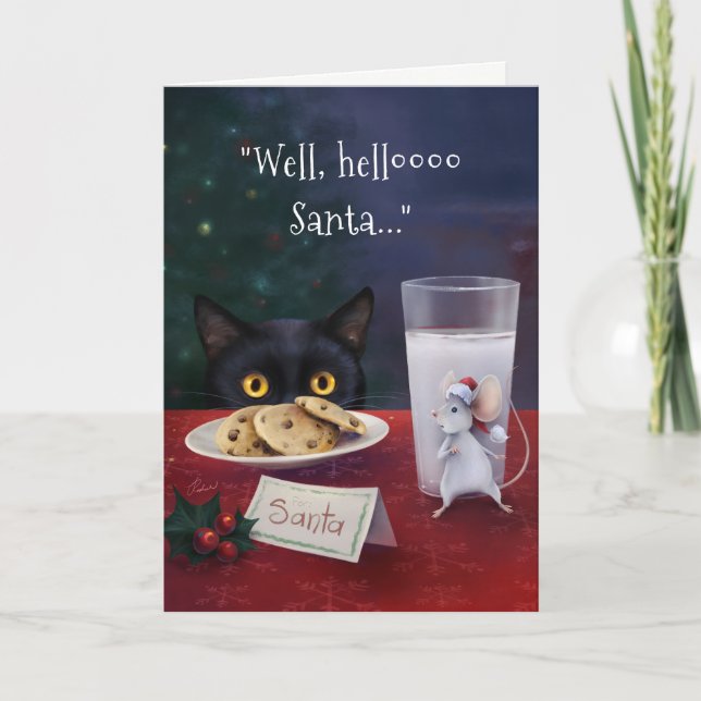 Black Cat God jul Santa Mouse Helgkort (Framsida)
