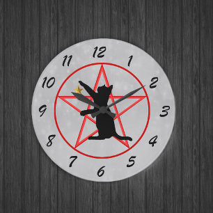 Black Cat Golden Star Red Pentagram Circle Grått Stor Klocka