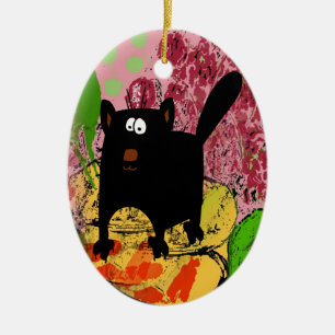Black Cat & Goldfish lägger till text Ceramic Orna Julgransprydnad Keramik