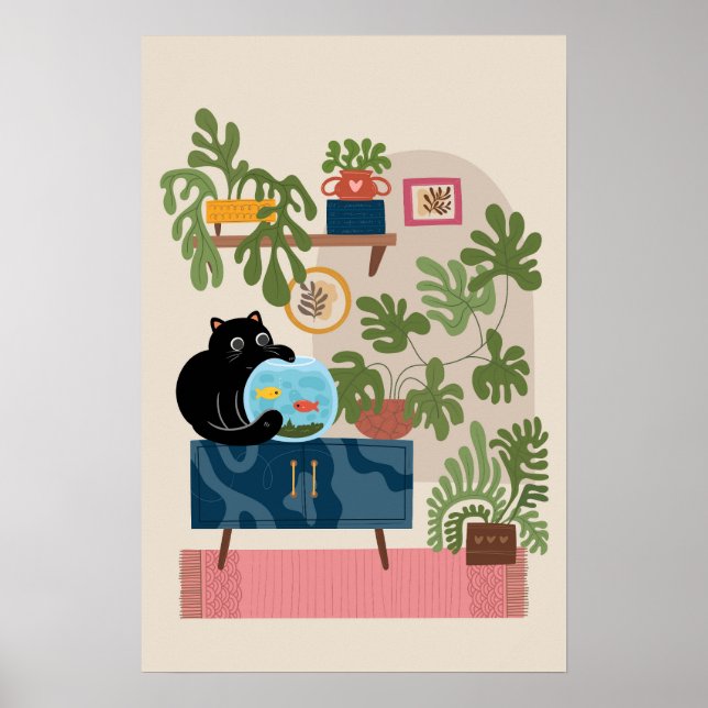 Black Cat Goldfish Playful Cat Lover Poster (Framsidan)