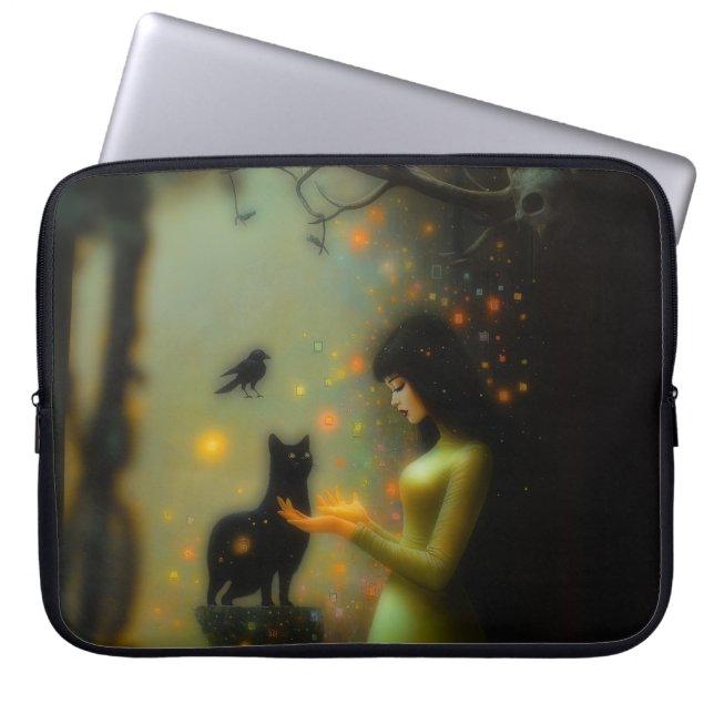 Black Cat Grönt Forest Occult Mörk Witchy AI Art Laptop Fodral (Framsidan)