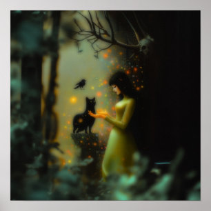 Black Cat Grönt Forest Witchy AI Art Matte Value Poster