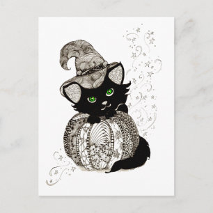 Black Cat Grönt Öga Pumpkin Vykort