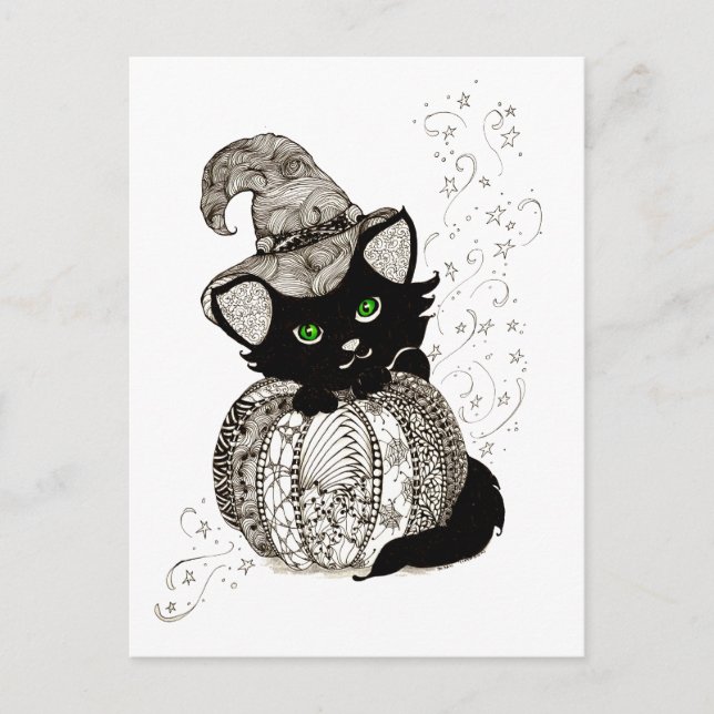 Black Cat Grönt Öga Pumpkin Vykort (Framsida)