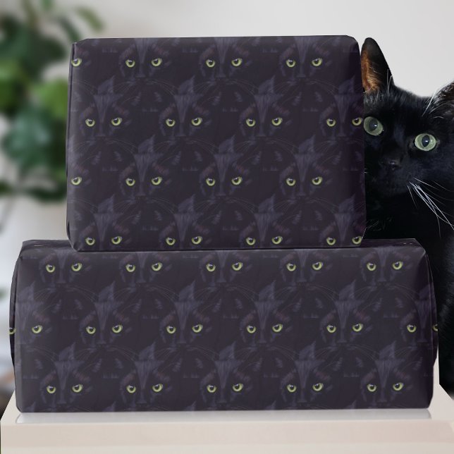 Black Cat Grönt Ögon Mönster Pet Birthday Presentpapper (Know a green eyed cat? Need to wrap a gift for them? This is the wrapping paper just for them)