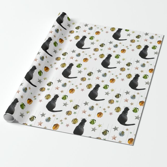 Black Cat Guld Boll och Stars Wrapping Papper Presentpapper (Utrullad)