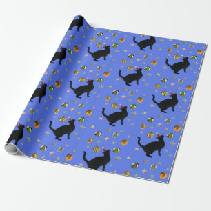 Black Cat Guld Stars Blue Wrapping Papper Presentpapper