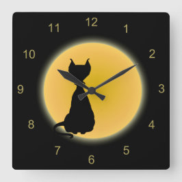 Black Cat & Gult Måne Halloween Art Fyrkantig Klocka