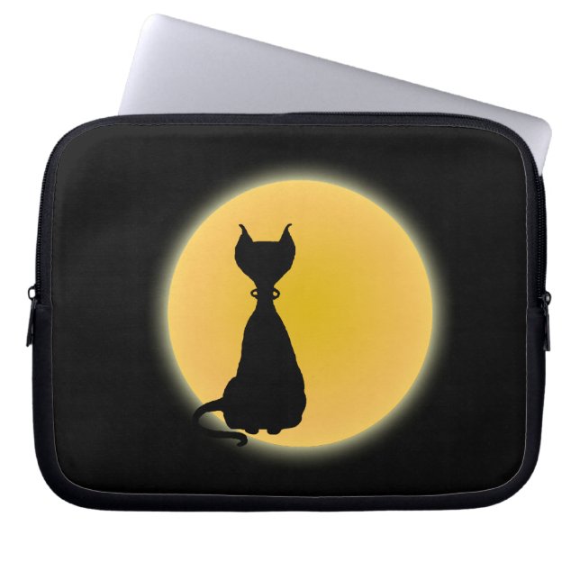 Black Cat & Gult Måne Halloween Art Laptop Sleeve (Framsidan)