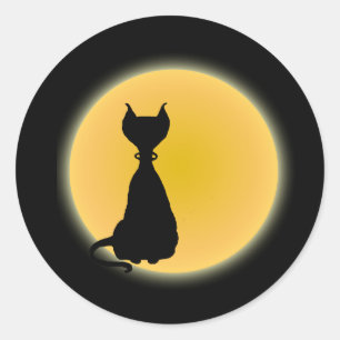 Black Cat & Gult Måne Halloween Art Runt Klistermärke