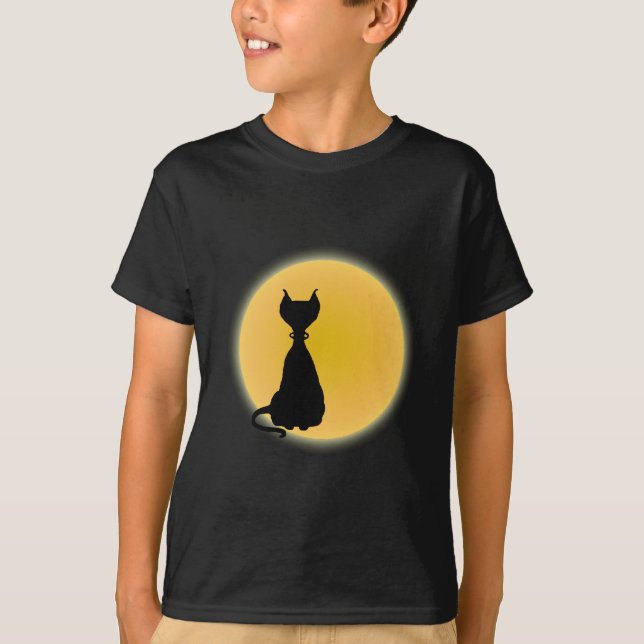 Black Cat & Gult Måne Halloween Art Tee (Framsida)