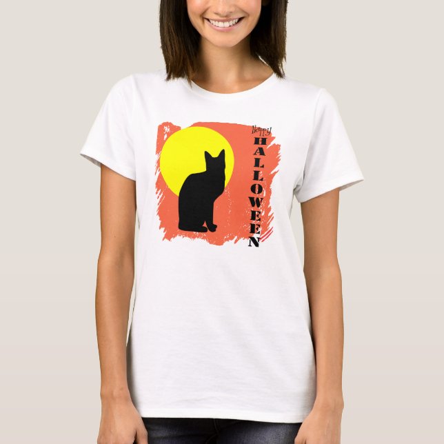 Black Cat Gult Måne Halloween T-shirt (Framsida)
